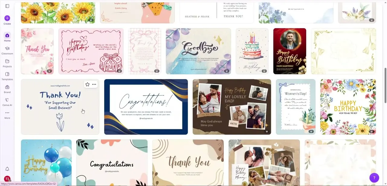 Search results for greeting card templates — thank-you cards, birthday designs, and floral layouts, each ready to open and customize.