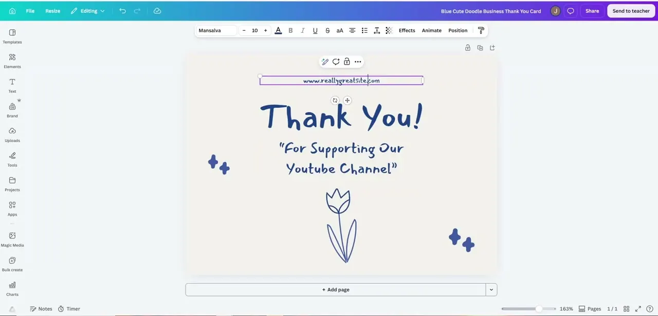 A thank-you card template open in the editor, with the headline and subtext selected and ready to be replaced with a custom message.