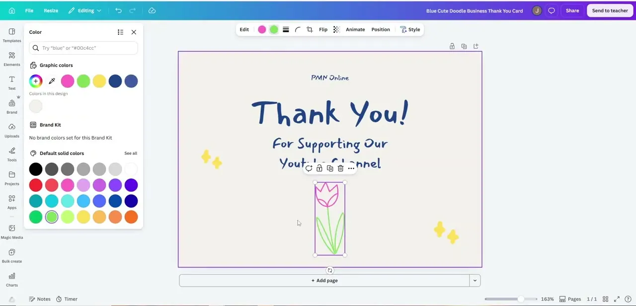 The Color panel open after selecting a graphic element, showing colors already used in the design alongside the default palette for a quick recolor.