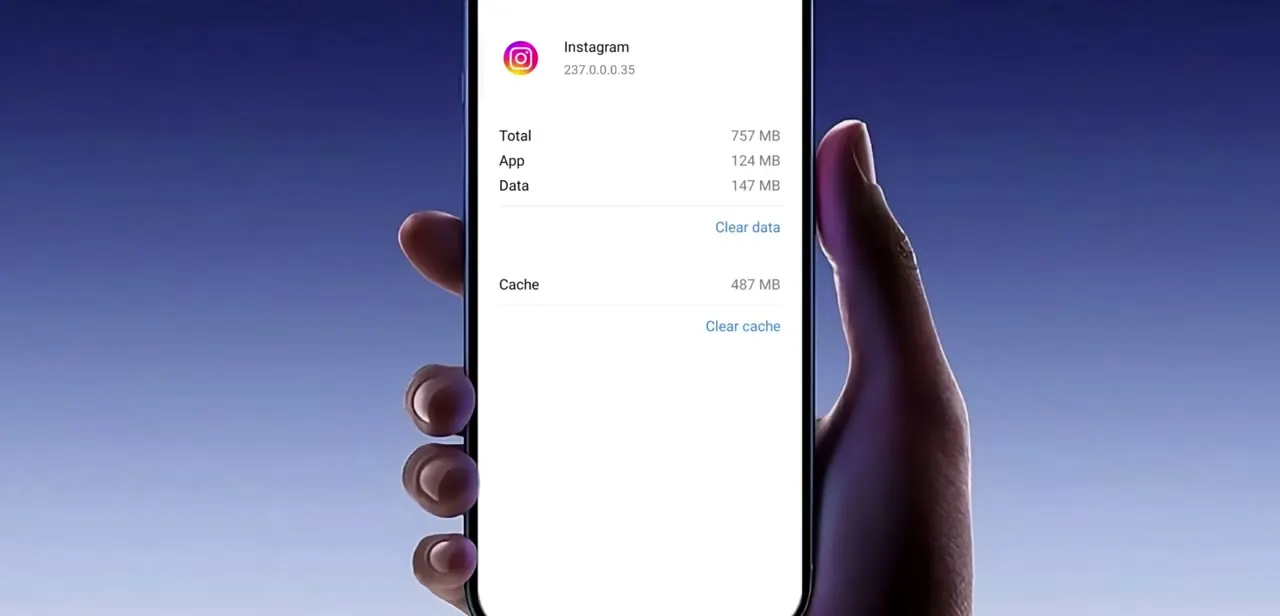 Instagram's storage page in Android settings, showing the app version alongside separate Clear data and Clear cache options.