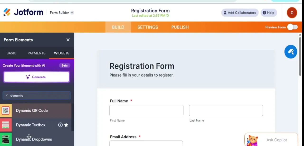 The Widgets tab filtered by "dynamic," with Dynamic Dropdowns listed alongside Dynamic QR Code and Dynamic Textbox.