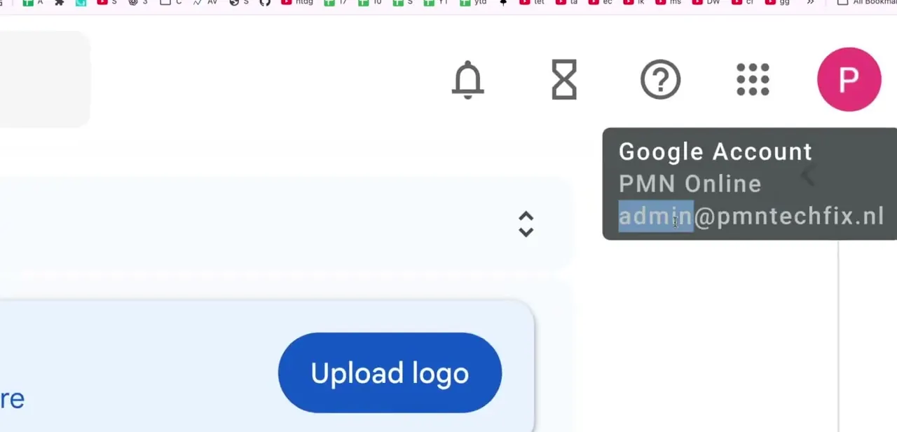 The Google Account switcher, confirming which admin account and organization you're currently signed into before making domain changes.