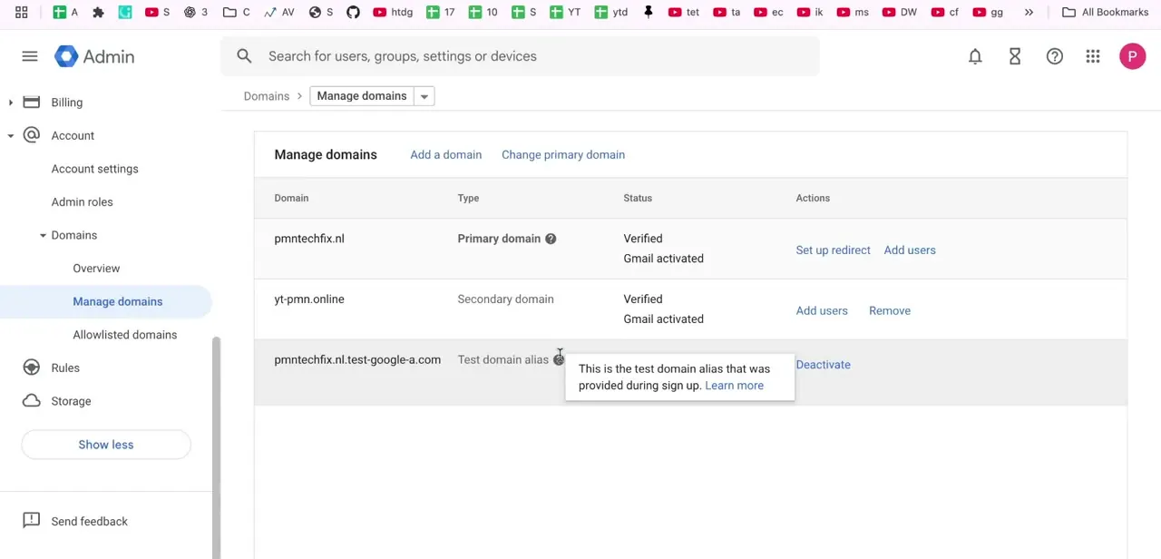The Manage domains page, listing a primary domain, a secondary domain, and a test domain alias with its own Deactivate action.