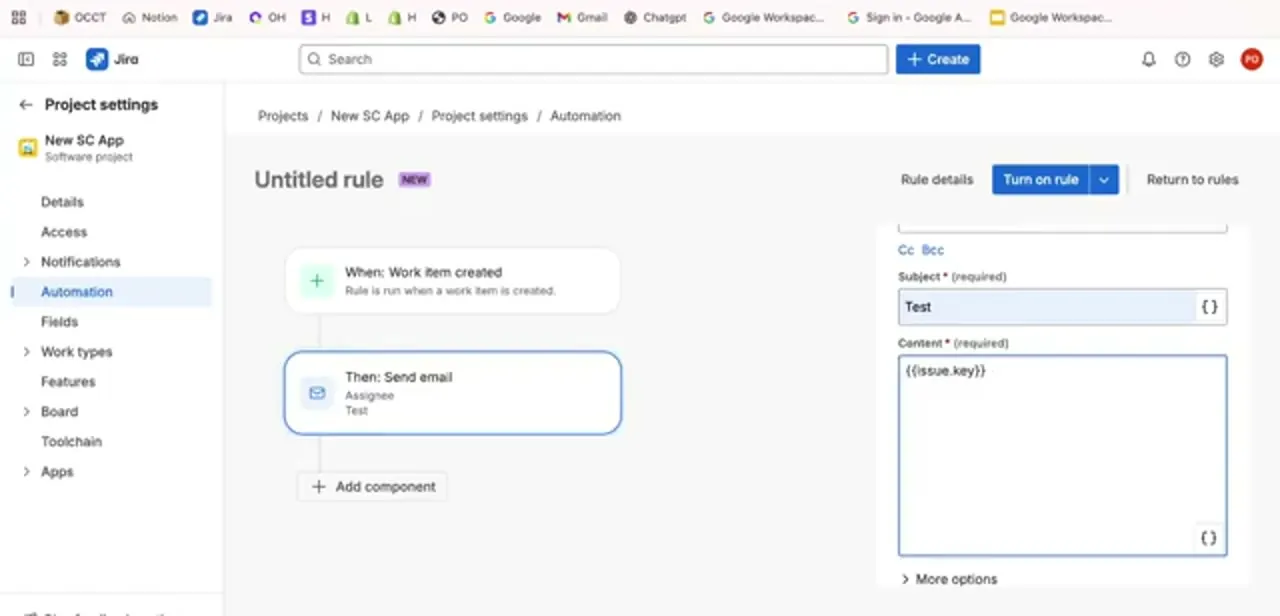 The Send email action wired under the trigger, addressed to the Assignee with a subject and a body holding the issue key.