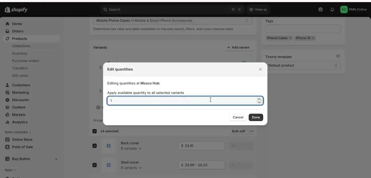 The Edit quantities dialog, setting an available quantity at a specific fulfillment location across multiple selected variants at once.
