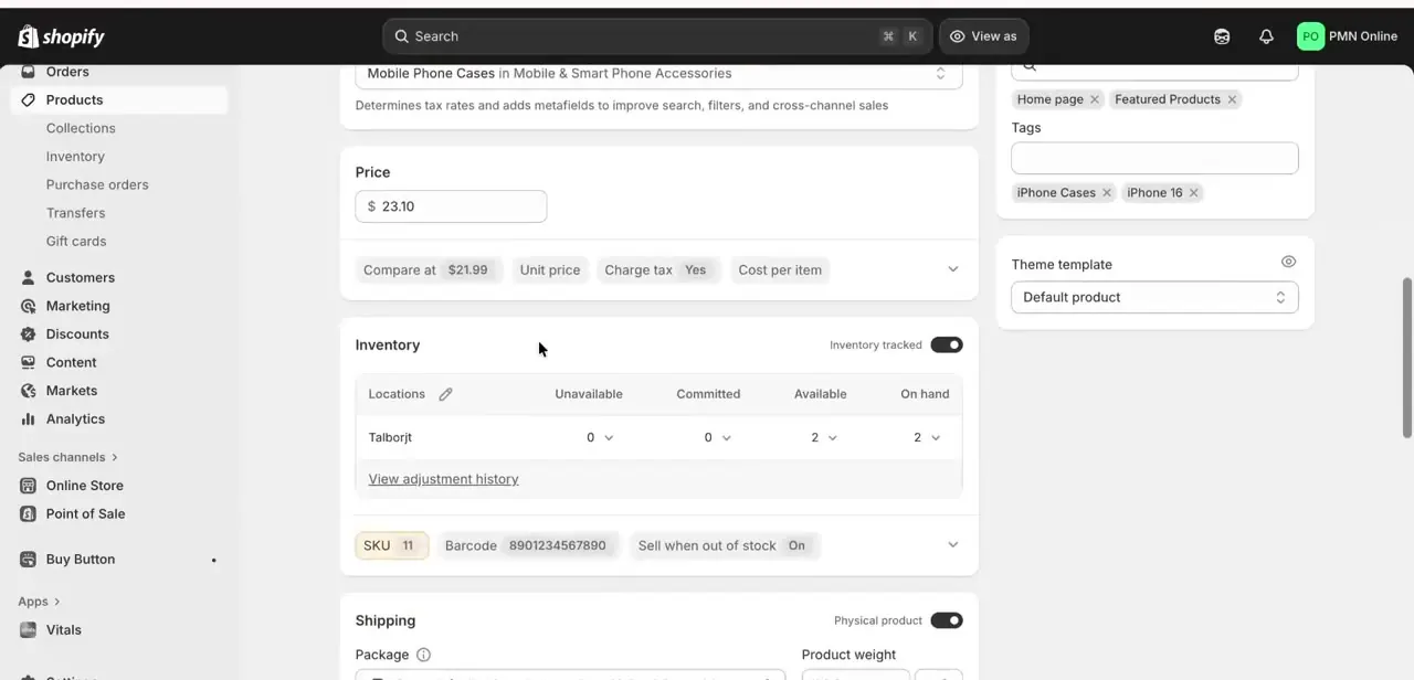 The Inventory panel on a product page: Locations, Unavailable, Committed, Available, and On hand columns, plus the out-of-stock selling toggle below.