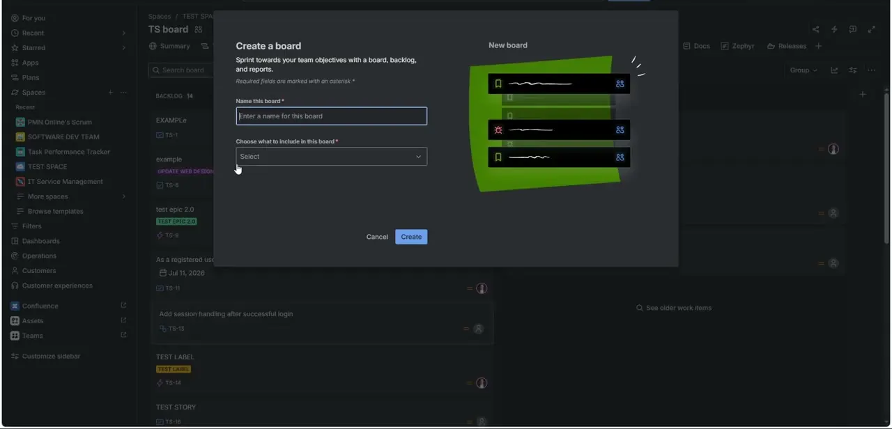 The Create a board dialog, asking for a board name and what work items should be included in it before it's created.