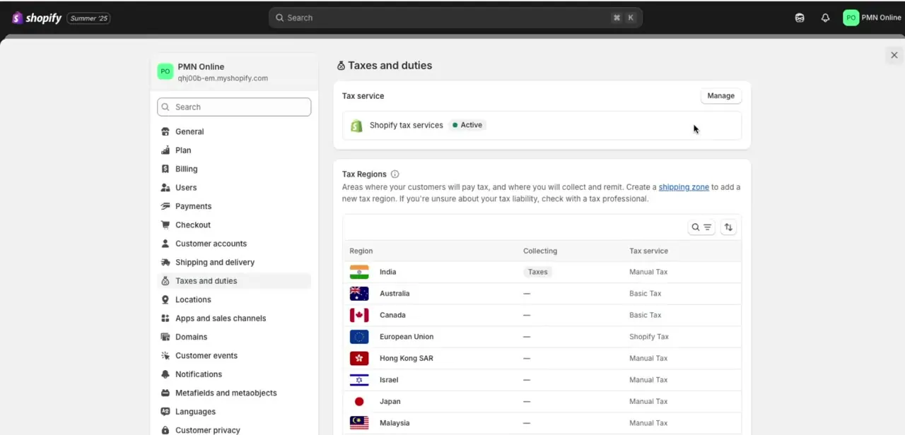 The Taxes and duties page, with a Tax Regions table listing countries, their collection status, and assigned tax service.