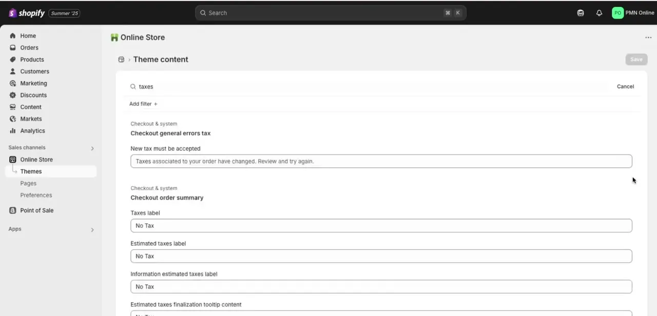 The same theme content fields after editing, with Taxes label, Estimated taxes label, and Information estimated taxes label all changed to "No Tax."