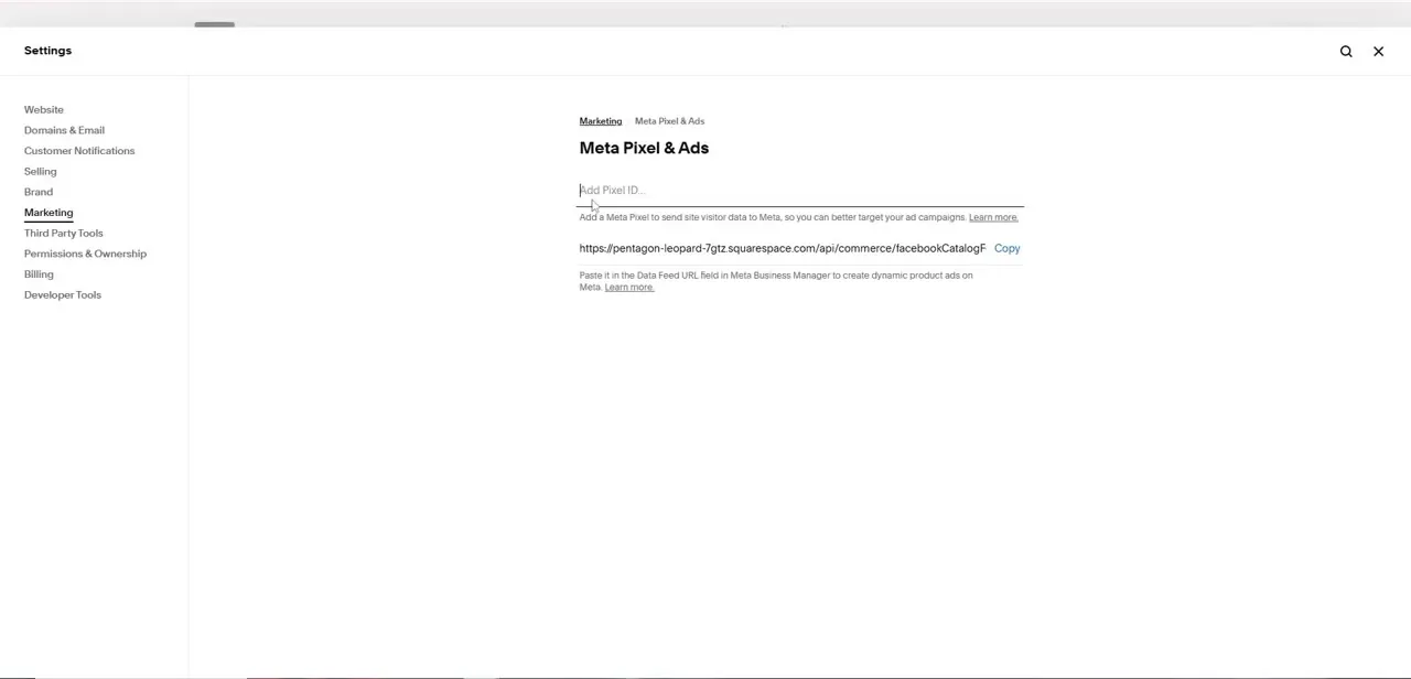 The Meta Pixel & Ads settings page, showing the Add Pixel ID field and, underneath it, a separate Data Feed URL for dynamic product ads in Meta Business Manager.