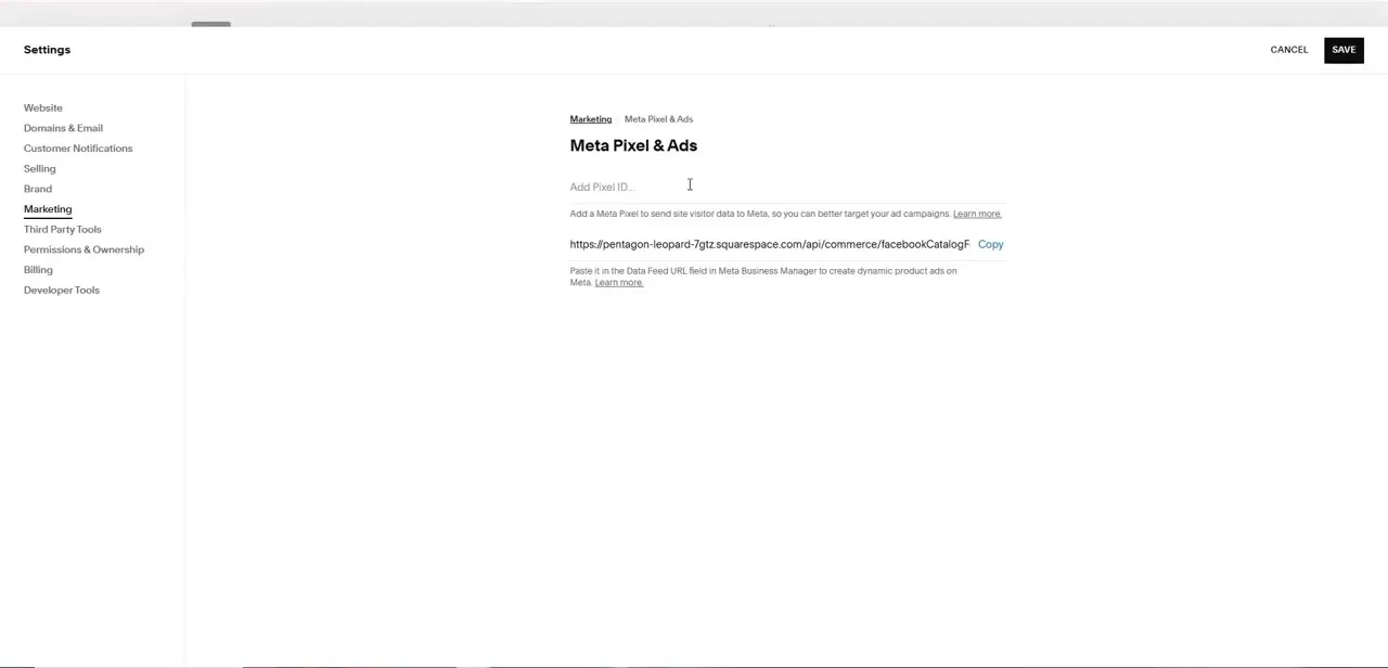 The same Meta Pixel & Ads page with the Pixel ID field active — Cancel and Save buttons appear in the top right once you start entering an ID.