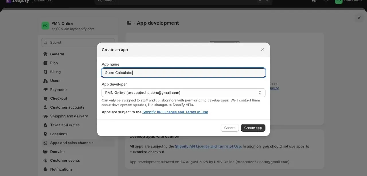 The Create an app dialog, with an App name entered and the App developer account shown underneath.