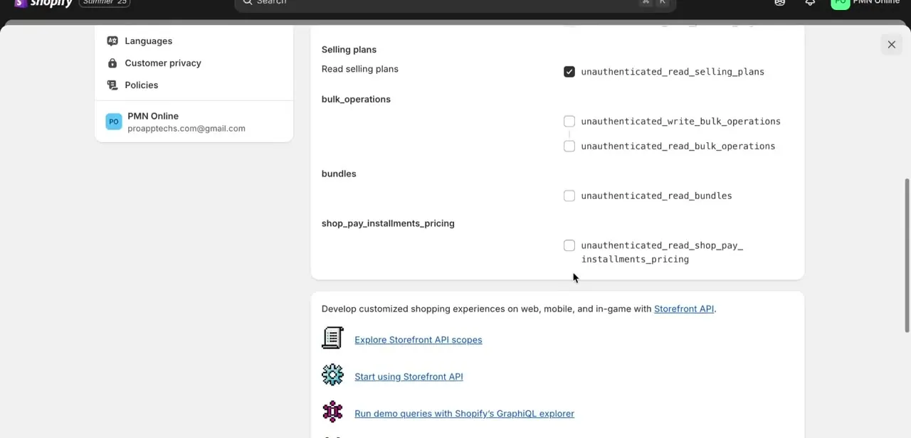 The Storefront API scopes screen, with individual read and write checkboxes per resource — only Read selling plans is checked in this configuration.