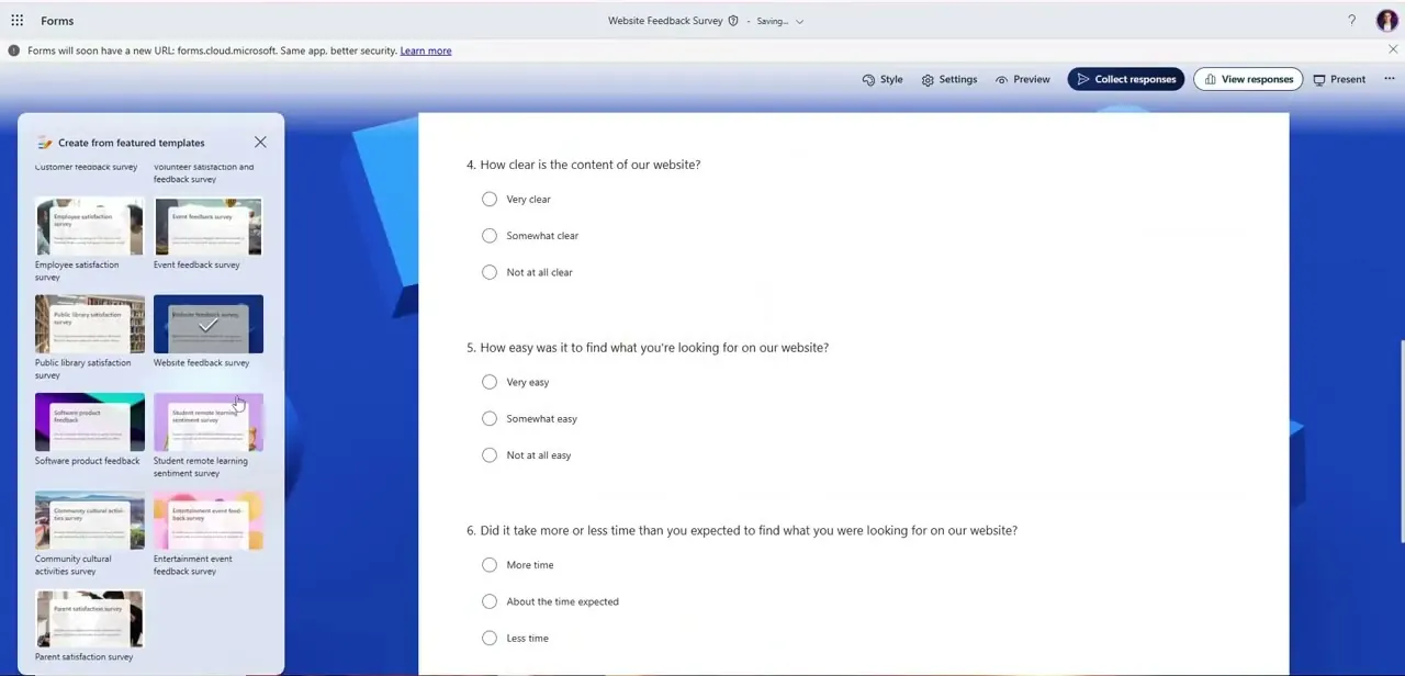 A set of multiple-choice questions in the builder, showing how Forms' fixed typography renders consistently across every question type.