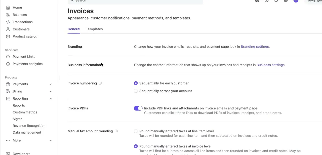 The Invoices General settings tab, with links to Branding settings for appearance and Business settings for the contact information on invoices.