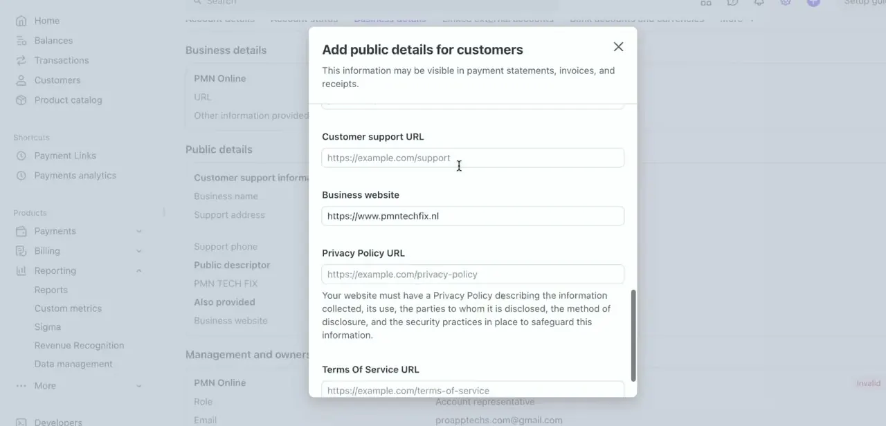 The "Add public details for customers" panel, with fields for Customer support URL, Business website, Privacy Policy URL, and Terms Of Service URL.
