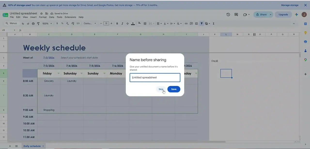 The Name before sharing prompt, asking for a real spreadsheet name with Skip and Save options.