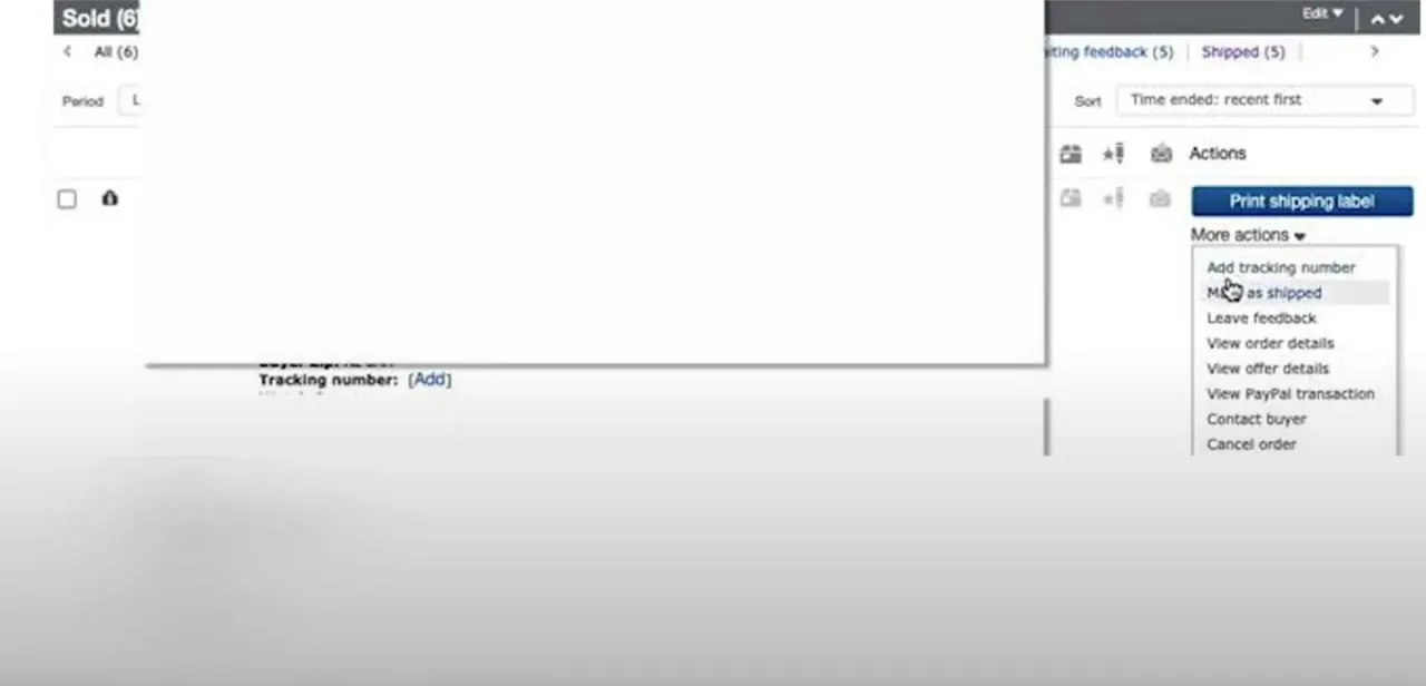 The order's More actions menu, with Add tracking number sitting above Mark as shipped and Leave feedback.
