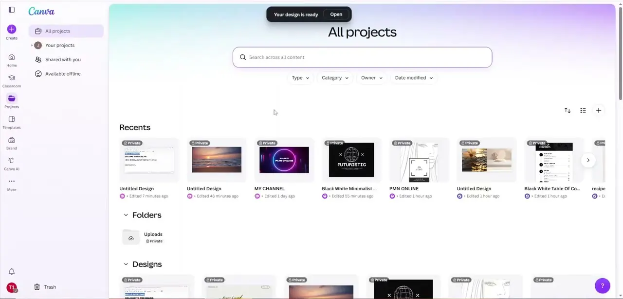 Canva confirms the import is complete with a ready-to-open notification, once the Google Doc has been converted into an editable design.