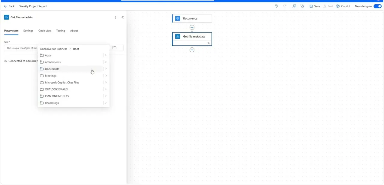 The Get file metadata action added under Recurrence, with a OneDrive for Business folder picker open to select the target file.