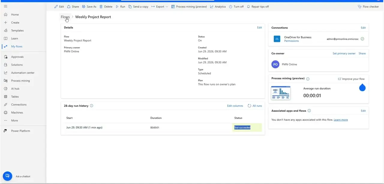 The Weekly Project Report flow's details page, showing its Scheduled type, On status, connections, and a run history entry marked Test succeeded.