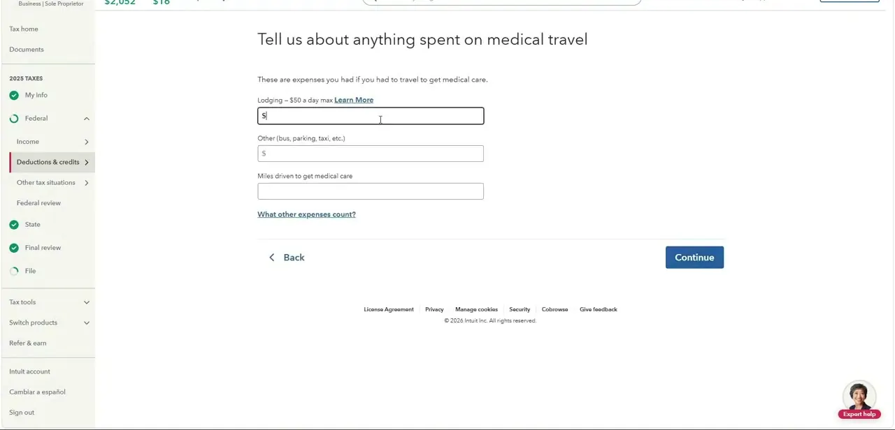 The medical travel screen, asking separately for lodging, other travel costs, and miles driven to medical appointments.