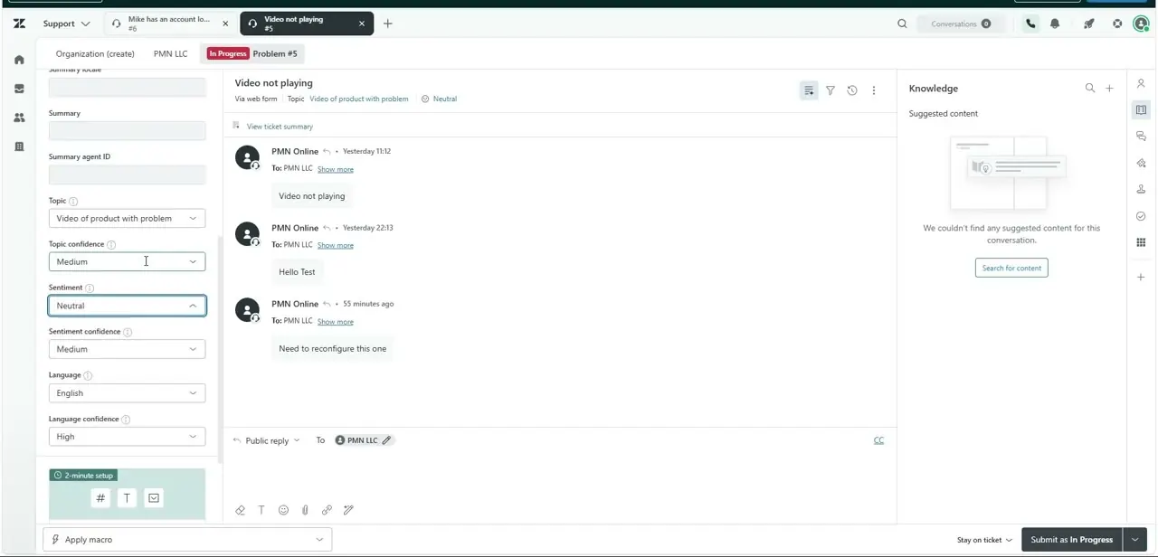 The extended ticket properties panel showing Topic, Topic confidence, Sentiment, and Language fields below the standard requester and assignee fields.