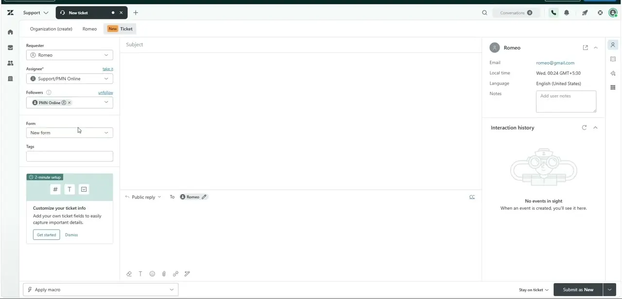 A new ticket with Romeo set as the requester, an assignee, a follower already added, and the Form field set to New form.
