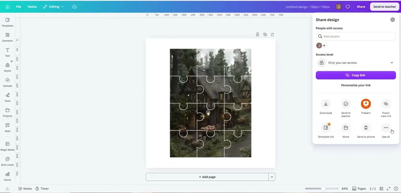 The Share design panel, opened from the top-right corner of the editor. Download — the route to SVG export — sits among the sharing and collaboration options here.